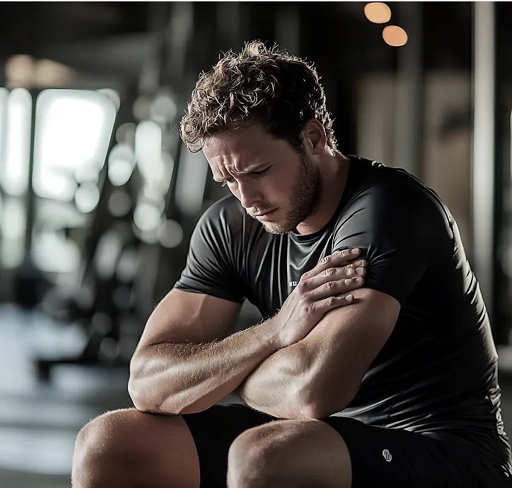 Tired athlete sitting in gym looking down after workout.
